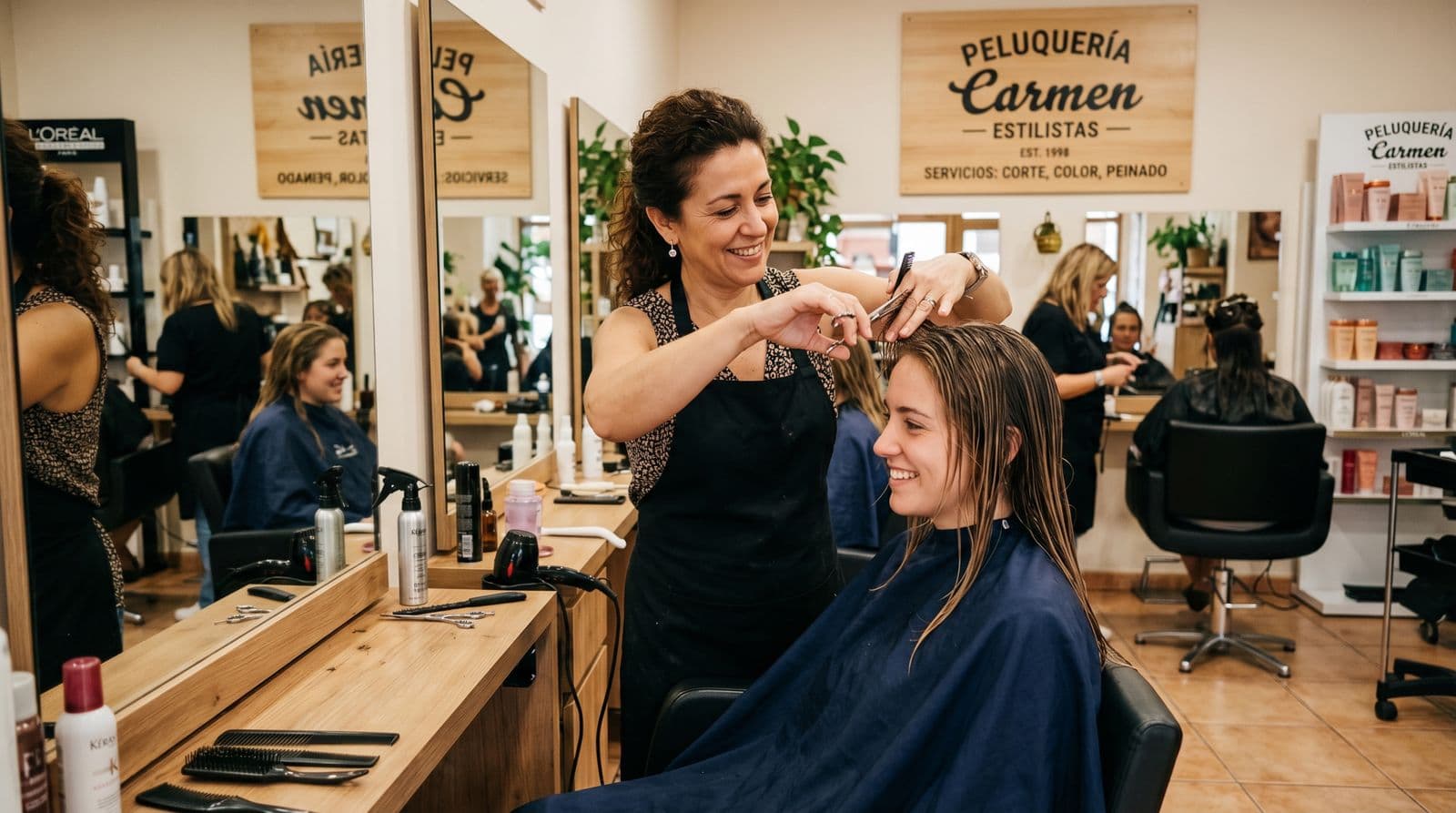 Stylist smiling while cutting a client’s hair in a neighborhood salon