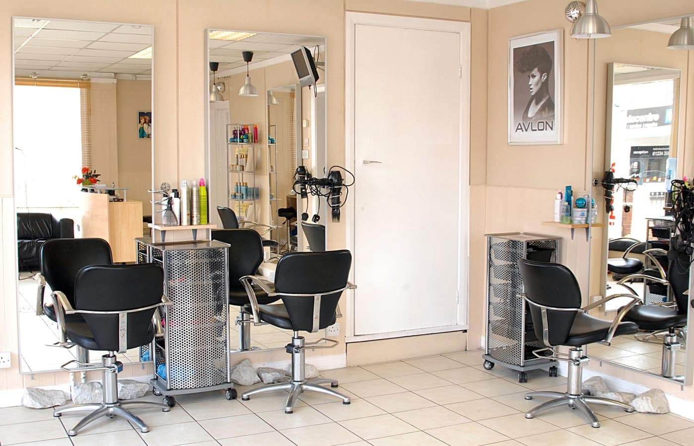 Clean salon workstations ready for clients